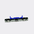 Side view of Besam SL500 carriage kit with blue belt clip raised, replacement sliding door roller hanger compatible with Assa Abloy SL500