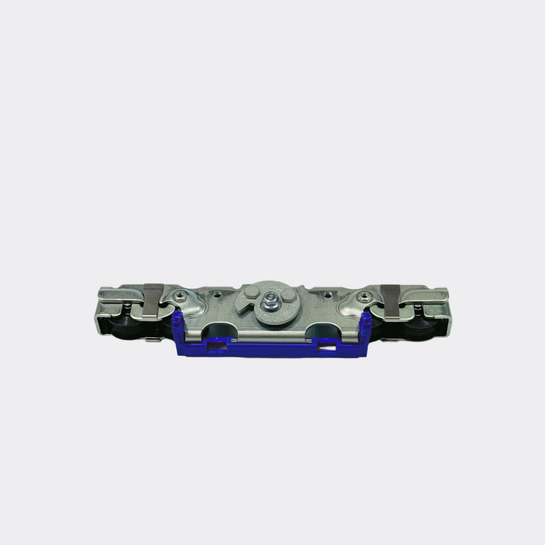 Front view of Assa Abloy Besam SL500 carriage kit for automatic sliding doors, showing blue belt connector base and twin roller wheels