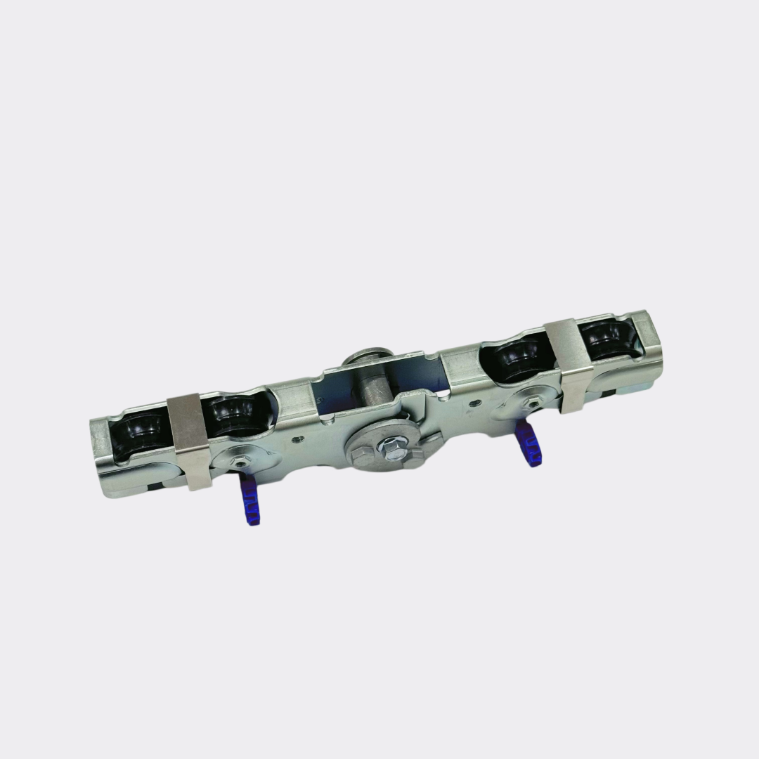 Replacement carriage kit for Assa Abloy Besam SL500 automatic sliding door, roller hanger side view with four nylon rollers