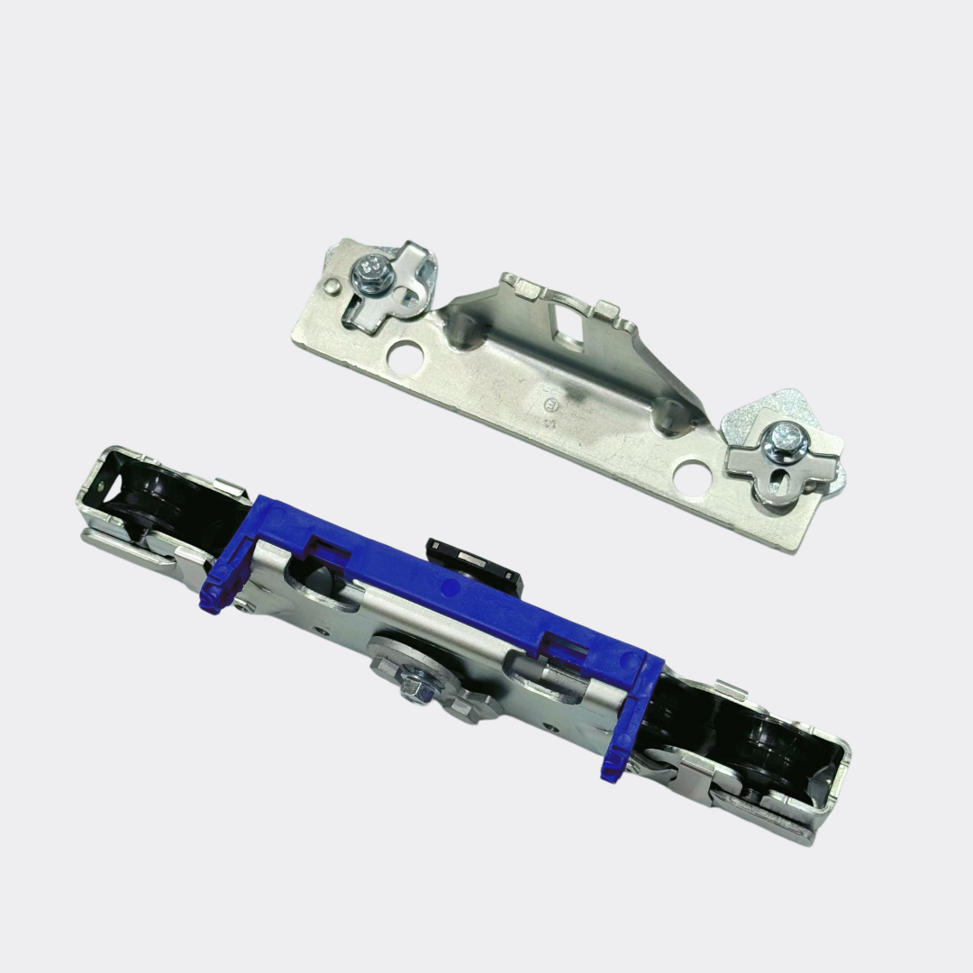 Replacement carriage kit for Assa Abloy Besam SL500 automatic sliding door, roller hanger side view with four nylon rollers