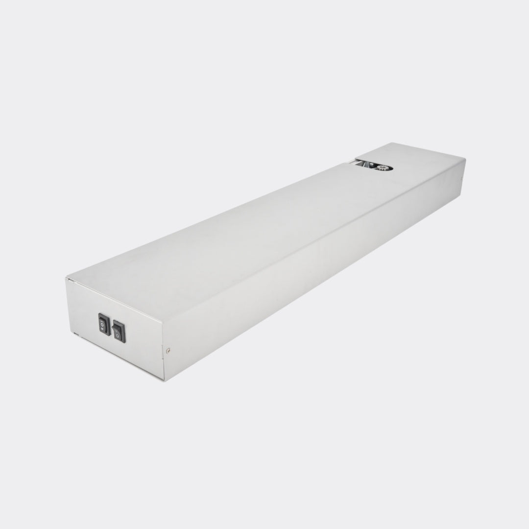 Slim ED100 ED250 automatic swing door operator header, angled three-quarter view