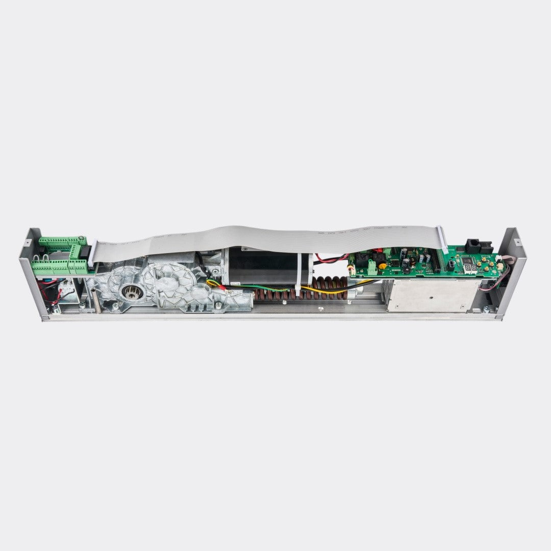 Full internal view of ED100 ED250 swing door operator with cover removed