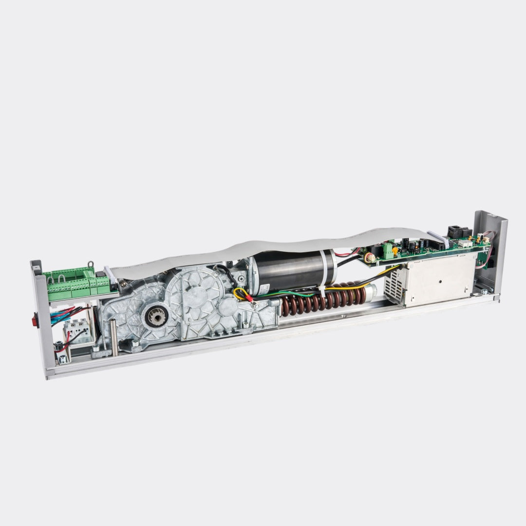 Mechanism detail of ED100 ED250 automatic swing door operator, drive and linkage close view