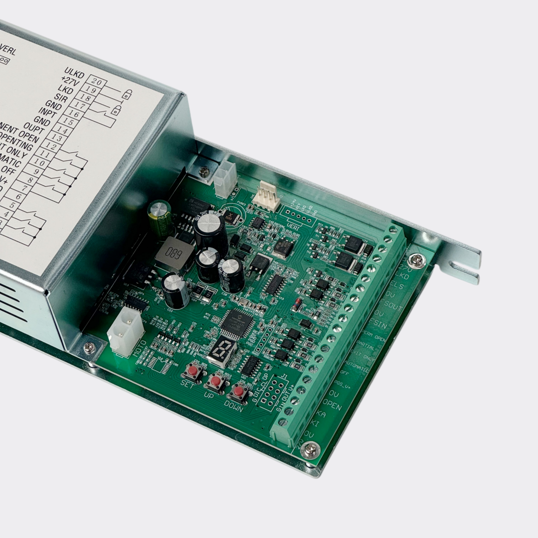 SLA-GP2 door controller board mounted inside metal chassis with clearly labelled screw terminals