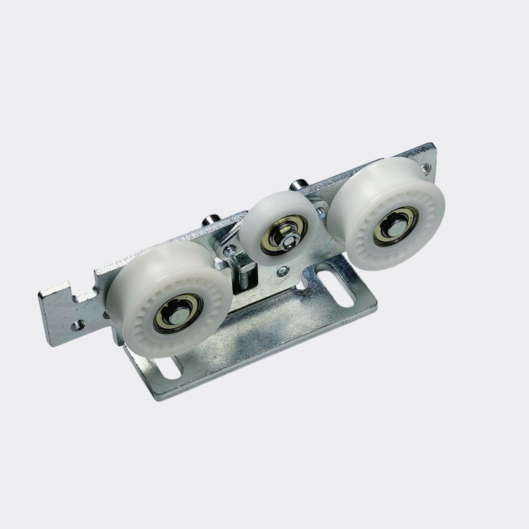 ES200 carriage hang wheel close-up showing sealed bearing and mounting bracket