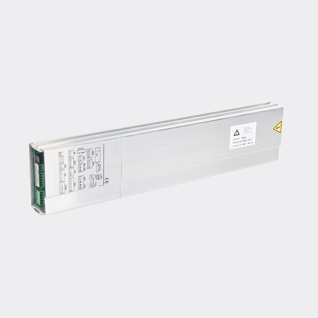 Close-up of Geze DCU1 control unit PCB logic board with processor chip and relays