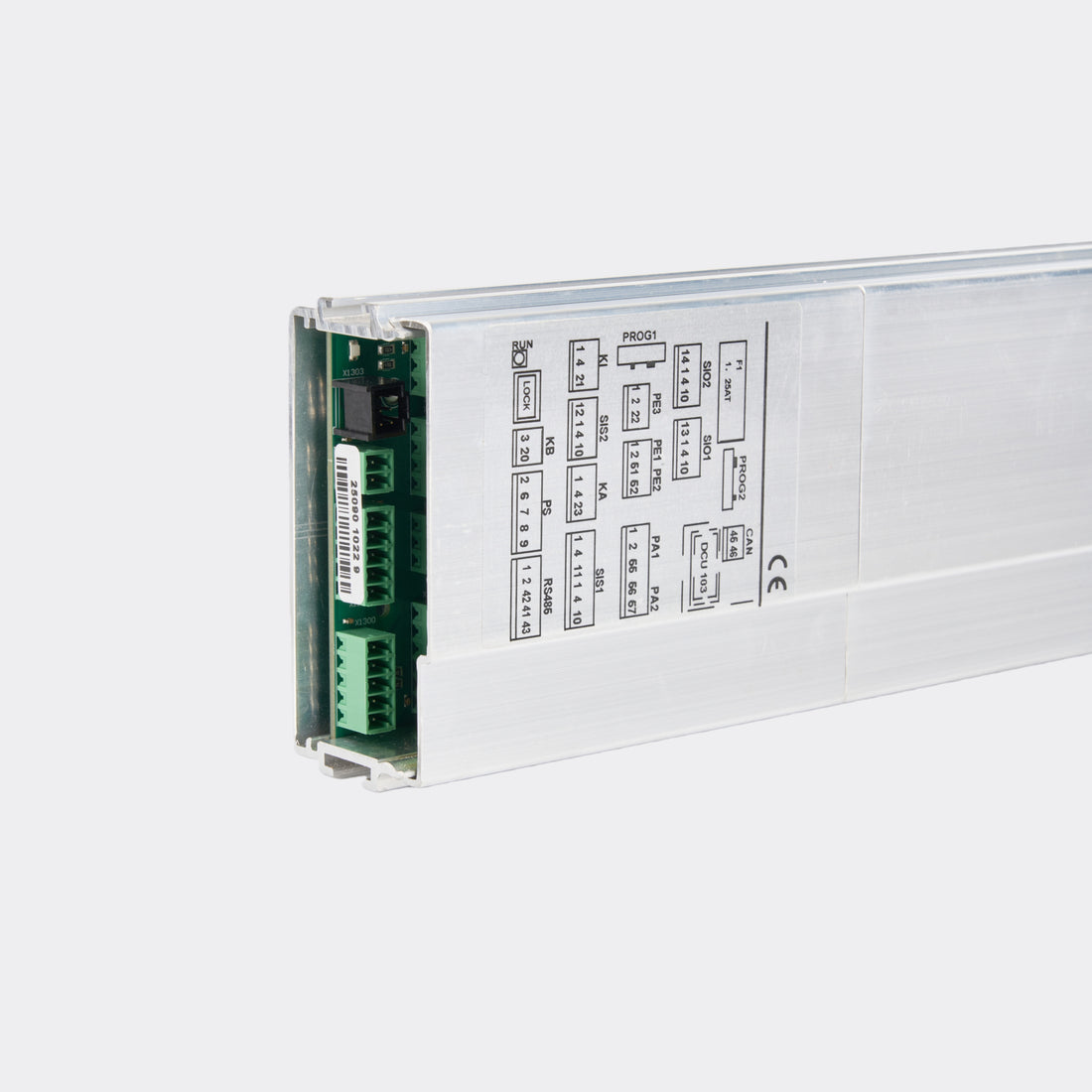 Close-up of Geze DCU1 control unit PCB logic board with processor chip and relays