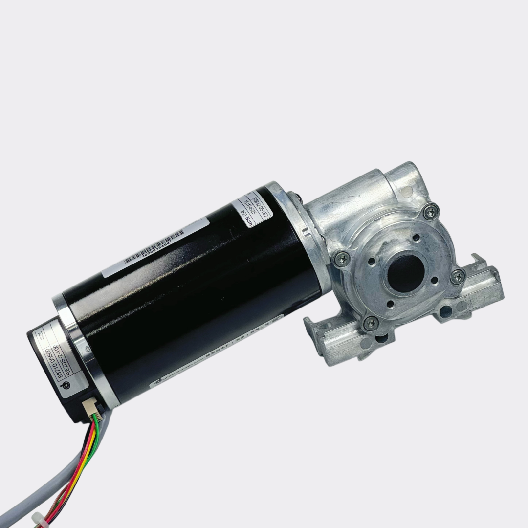 GEZE ECdrive motor output shaft, gearbox mounting flange and end-cap with screw fasteners