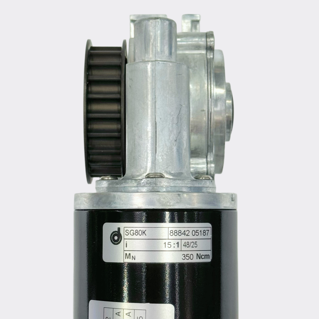 GEZE Slimdrive SG80K gearbox nameplate, 15:1 gear ratio, 350 Ncm rated torque, part number 88842 05187