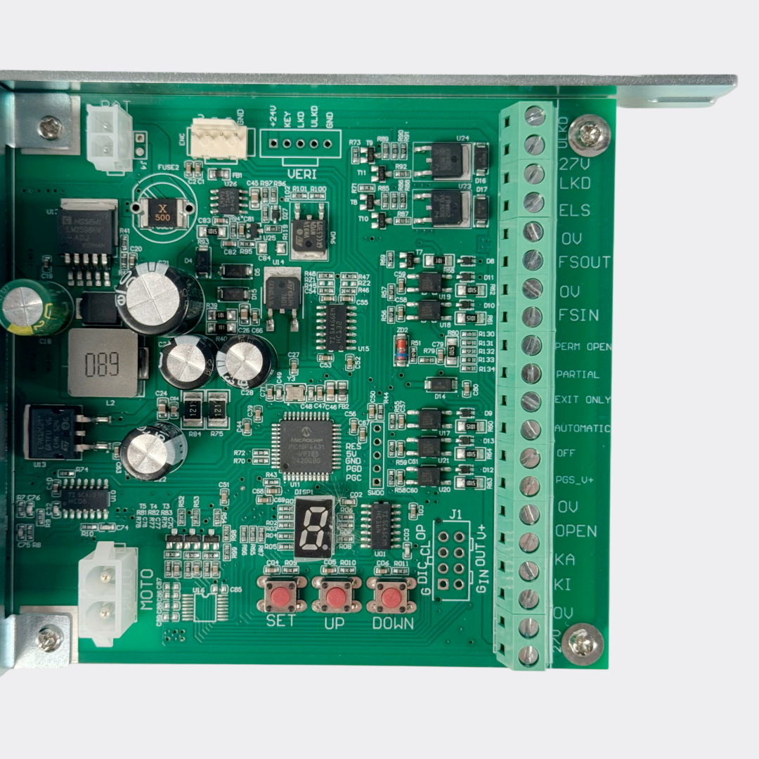 Top view of the SLA-GP2 automatic door control board with capacitors, MCU and pluggable terminal strip