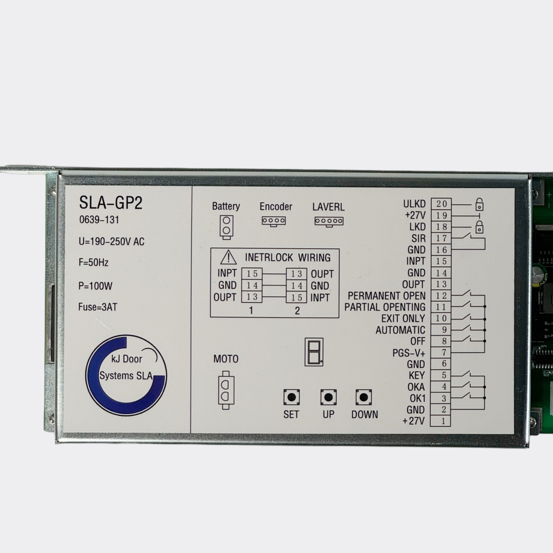 Gilgen SLA-GP2 automatic sliding door control unit, part no. 0639-131, showing wiring label with 190-250V AC rating