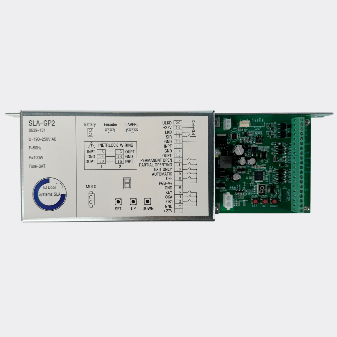 Angled view of the SLA-GP2 sliding door controller showing ventilation slots and slide-out PCB design