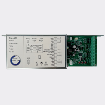 Angled view of the SLA-GP2 sliding door controller showing ventilation slots and slide-out PCB design