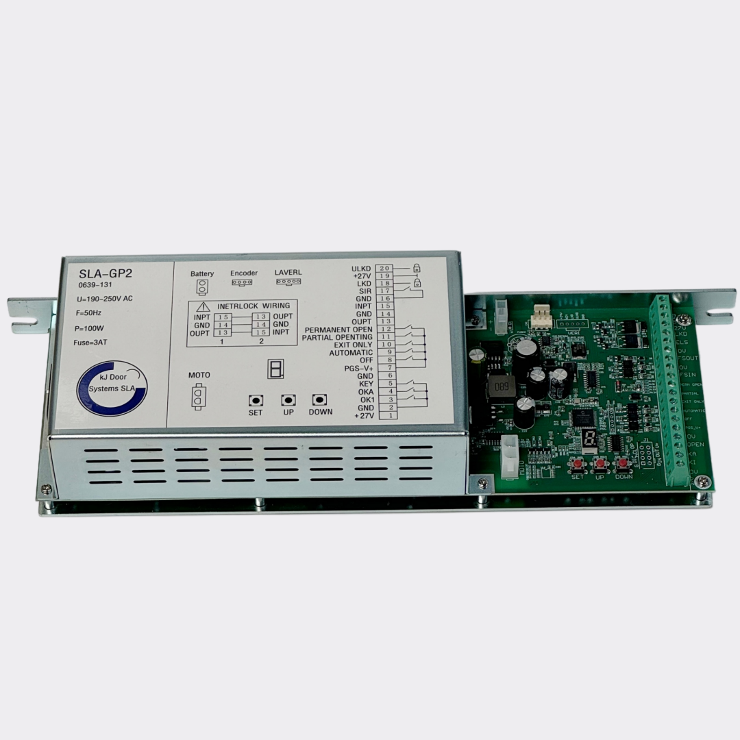 Front view of Gilgen SLA-GP2 door controller with control board partially withdrawn from metal housing