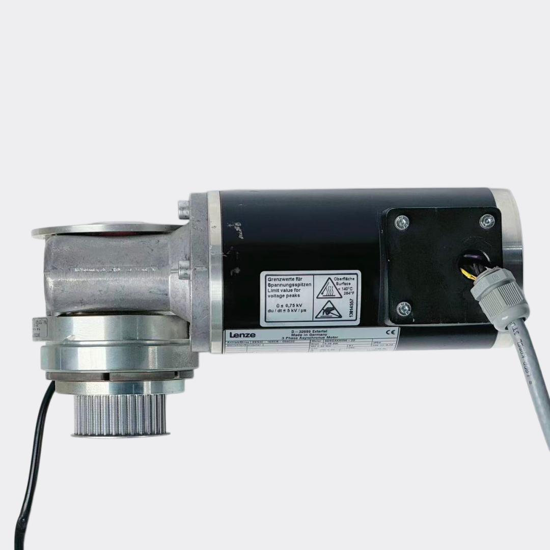 Lenze Motor top view with voltage and temperature warning labels