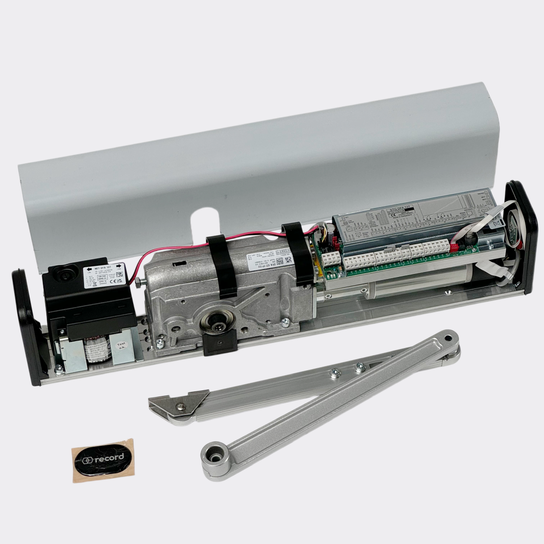 Record DFA 127 pushing swing door operator with cover removed